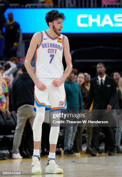 Chet Holmgren of the Oklahoma City Thunder reacts after making a three-point shot with no time left on the clock to tie the game against the Golden...