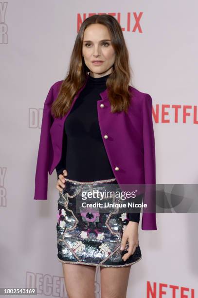 Natalie Portman attends Netflix's "May December" Los Angeles Photo Call at Four Seasons Hotel Los Angeles at Beverly Hills on November 17, 2023 in...