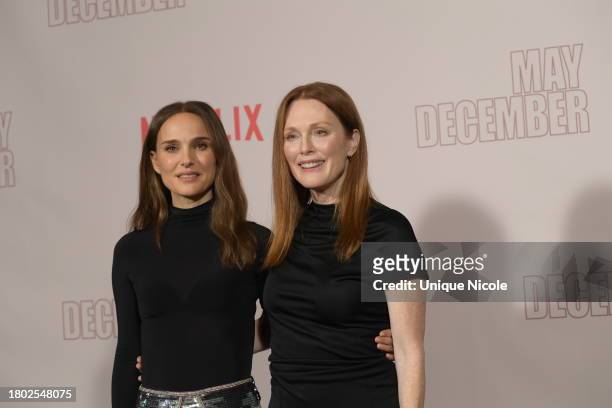 Natalie Portman and Julianne Moore attend Netflix's "May December" Los Angeles Photo Call at Four Seasons Hotel Los Angeles at Beverly Hills on...