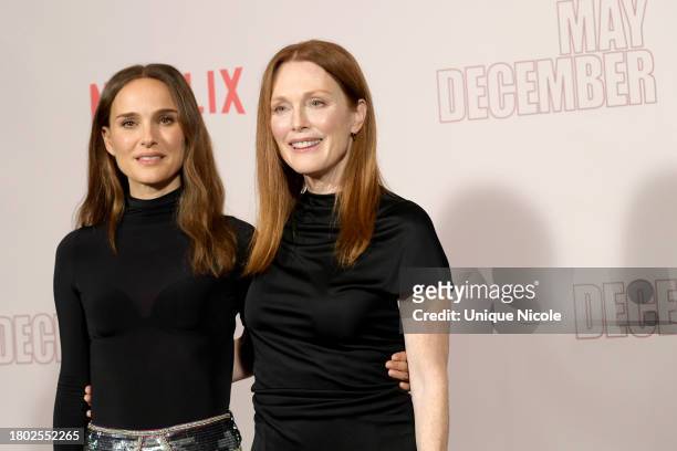 Natalie Portman and Julianne Moore attend Netflix's "May December" Los Angeles Photo Call at Four Seasons Hotel Los Angeles at Beverly Hills on...
