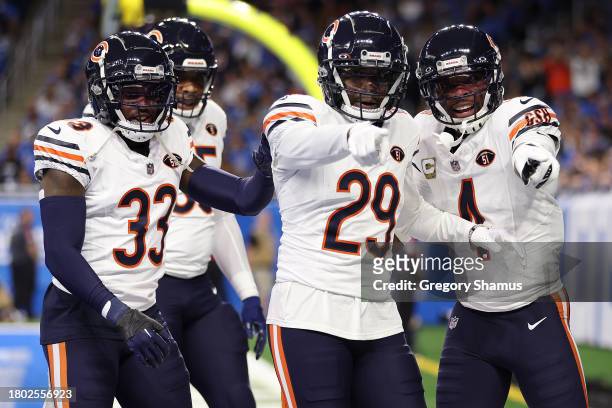 Tyrique Stevenson of the Chicago Bears celebrates a first quarter interception during a game against the Detroit Lions at Ford Field on November 19,...