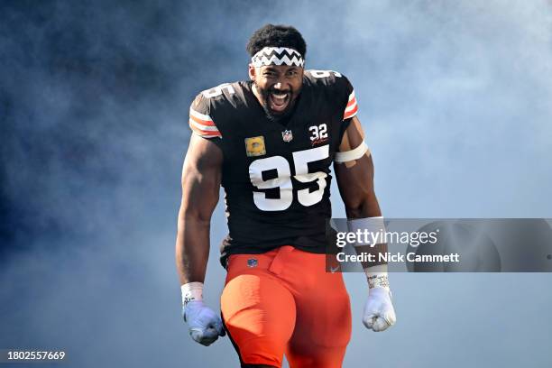 Myles Garrett of the Cleveland Browns is introduced before the game against the Pittsburgh Steelers at Cleveland Browns Stadium on November 19, 2023...