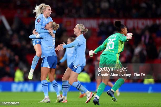Alex Greenwood, Steph Houghton, Alanna Kennedy and Khiara Keating of Manchester City celebrate following the team's victory during the Barclays...