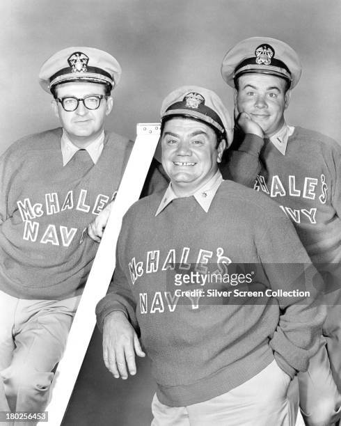 American actors Joe Flynn , Ernest Borgnine and Tim Conway in a promotional portrait for the US TV comedy series 'McHale's Navy', circa 1964. The...