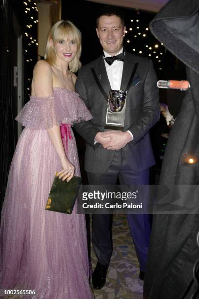 Joanna Vanderham and Lorne Macfadyen backstage during the 2023 BAFTA Scotland Awards held at the DoubleTree by Hilton Glasgow Central on November 19,...