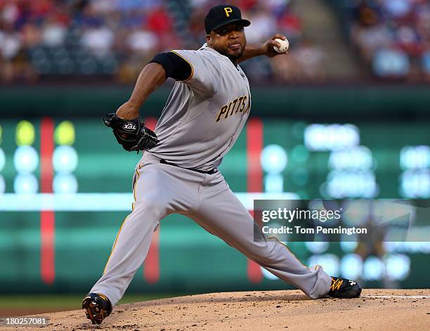 Pittsburgh Pirates starting pitcher Francisco Liriano pitches against the Texas Rangers in the bottom of the first inning at Rangers Ballpark in...