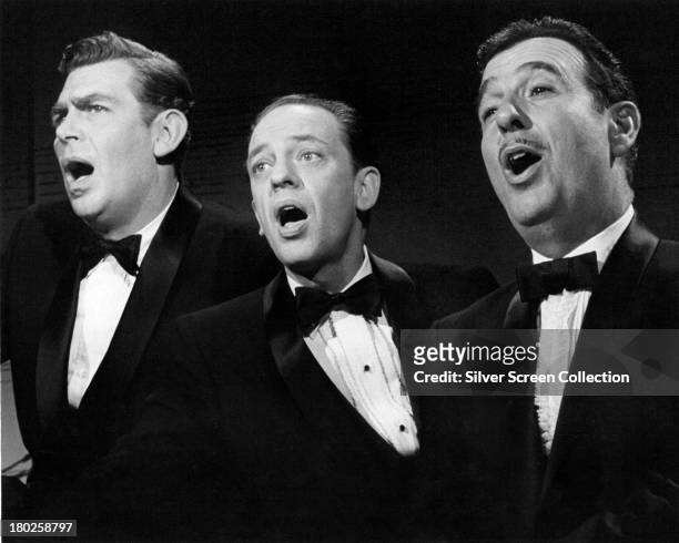 American actors Andy Griffith , Don Knotts and Jack Dodson singing, circa 1965. They play Andy Taylor, Barney Fife and Howard Sprague, respectively,...