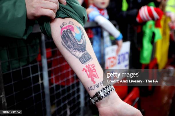 Detailed view of a Manchester United fan's tattoo following the Barclays Women´s Super League match between Manchester United and Manchester City at...