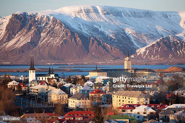 elevated view over reykjavik, iceland - island stock-fotos und bilder