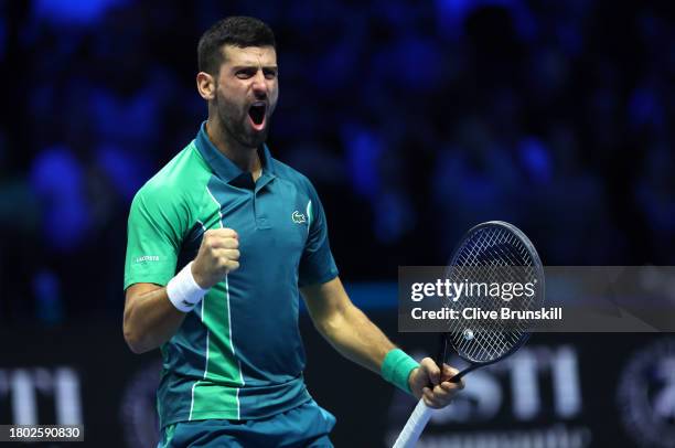 Novak Djokovic of Serbia celebrates winning match point against Jannik Sinner of Italy in the Men's Singles Finals between Jannik Sinner of Italy and...