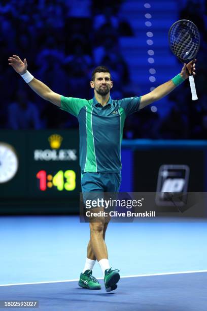 Novak Djokovic of Serbia celebrates winning match point against Jannik Sinner of Italy in the Men's Singles Finals between Jannik Sinner of Italy and...
