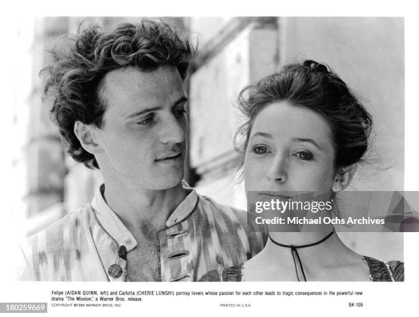 Actor Aidan Quinn and actress Cherie Lunghi on the set of Warner Bros. Movie " The Mission" in 1986.