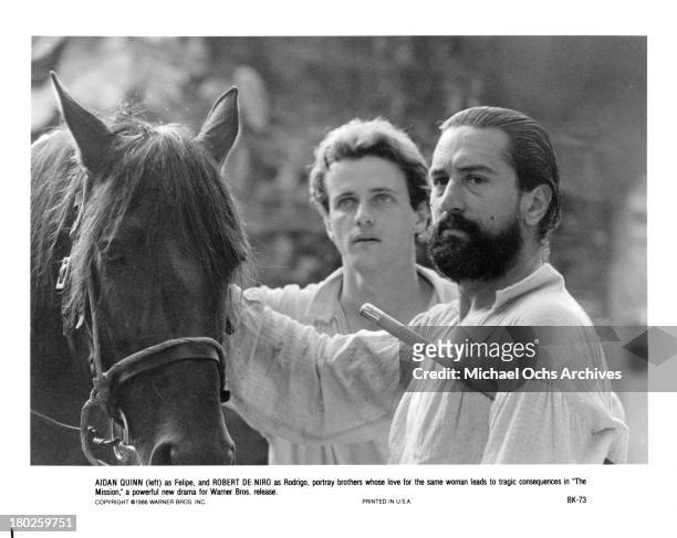 Actors Robert De Niro and Aidan Quinn on the set of Warner Bros. Movie " The Mission" in 1986.