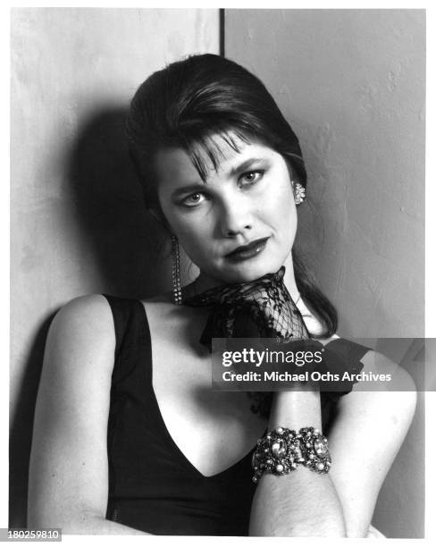 Actress Daphne Zuniga poses on set of the Atlantic Releasing movie "Modern Girls" in 1986.