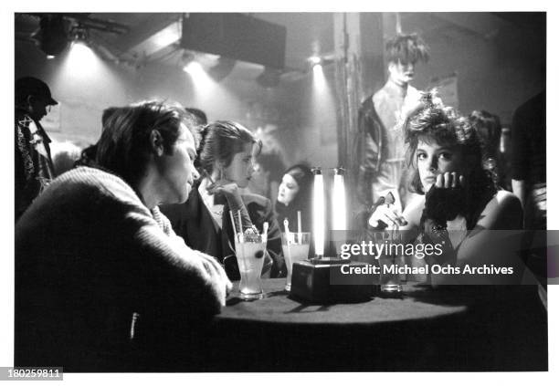 Actor Clayton Rohner with actress Daphne Zuniga and Cynthia Gibb on set of the Atlantic Releasing movie "Modern Girls" in 1986.