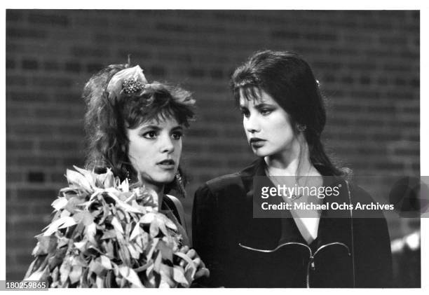 Actresses Cynthia Gibb and Daphne Zuniga on set of the Atlantic Releasing movie "Modern Girls" in 1986.