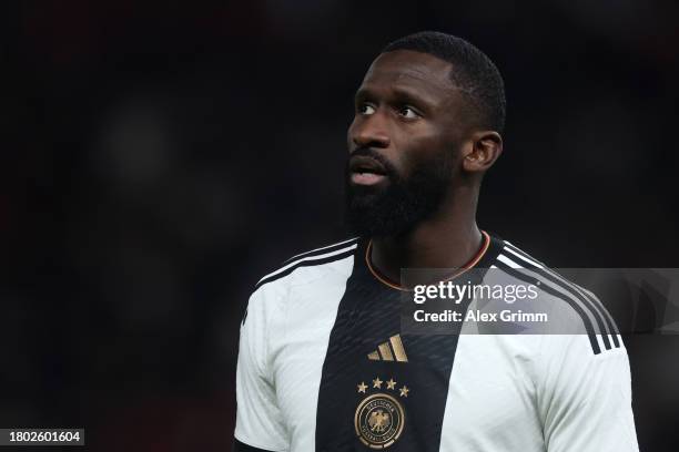 Antonio Ruediger of Germany reacts during an international friendly match between Germany and Turkey at Olympiastadion on November 18, 2023 in...