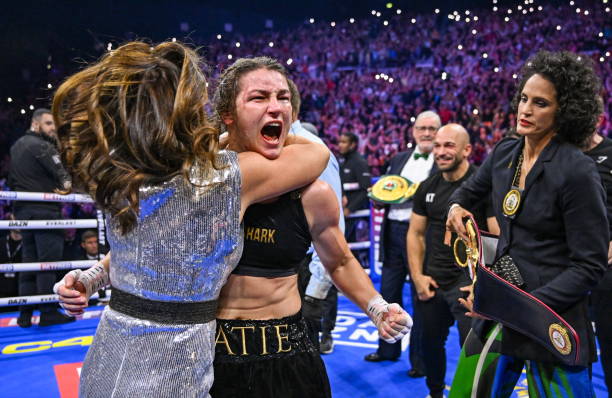Dublin , Ireland - 25 November 2023; Katie Taylor celebrates with mother Bridget Taylor after defeating Chantelle Cameron in their undisputed super...
