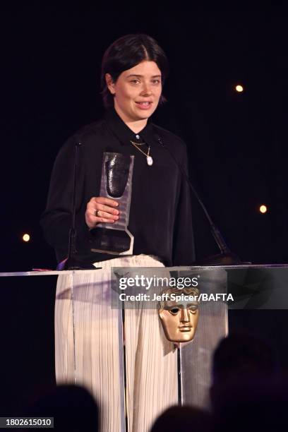 Charlotte Wells accepts the Director Fiction Award for 'Aftersun' at the 2023 BAFTA Scotland Awards, held at the DoubleTree by Hilton Glasgow...