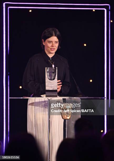 Charlotte Wells accepts the Director Fiction Award for 'Aftersun' at the 2023 BAFTA Scotland Awards, held at the DoubleTree by Hilton Glasgow...