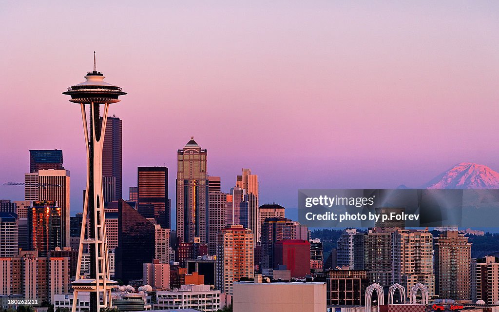 Seattle and Mt Rainier after sunset