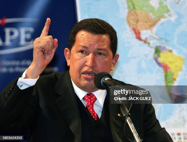 Venezuelan president Hugo Chavez gives a speech, 09 March 2005 in Paris, during his 24 hours visit in France. French Oil group Total will double its...