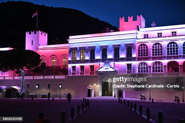 Night view of the Monaco Palace during the Monaco National Day 2023 on November 19, 2023 in Monaco, Monaco.