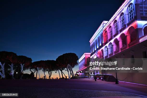 Night view of the Monaco Palace during the Monaco National Day 2023 on November 19, 2023 in Monaco, Monaco.
