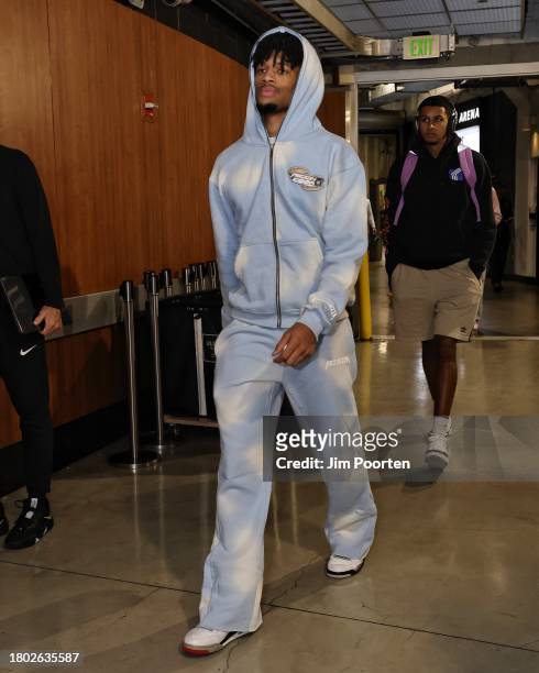 Shaedon Sharpe of the Portland Trail Blazers arrives to the arena before the game against the Los Angeles Lakers on November 12, 2023 at Crypto.Com...