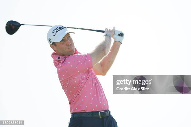 Tyler Duncan of the United States hits a tee shot on the 14th hole during the final round of The RSM Classic on the Seaside Course at Sea Island...