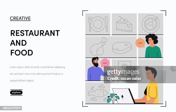 restaurant and food related vector banner design concept. global multi-sphere ready-to-use template. web banner, website header, magazine, mobile application etc. modern design. - ordering coffee stock illustrations