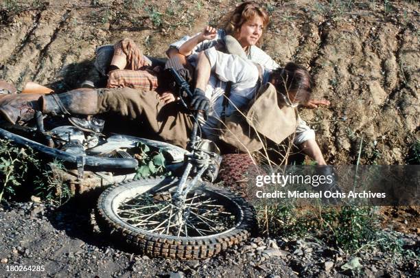 Actor David Carradine and actress Brenda Vaccaro on set of the Universal Studios movie " Fast Charlie... The Moonbeam Rider" in 1979.