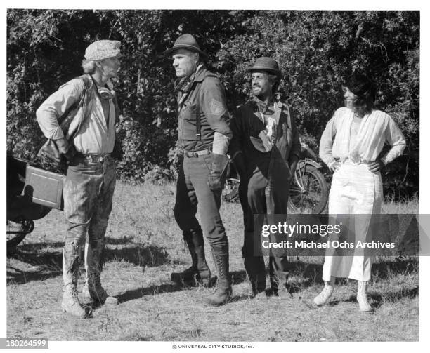 Actors L.Q. Jones, R.G. Armstrong and actress Brenda Vaccaro on set of the Universal Studios movie " Fast Charlie... The Moonbeam Rider" in 1979.