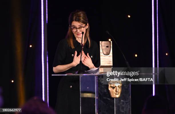 Shirley Henderson accepts the Outstanding Contribution to Film & Television Award at the 2023 BAFTA Scotland Awards, held at the DoubleTree by Hilton...