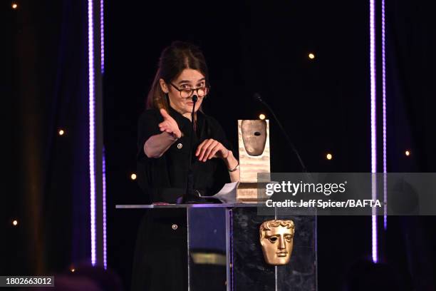 Shirley Henderson accepts the Outstanding Contribution to Film & Television Award at the 2023 BAFTA Scotland Awards, held at the DoubleTree by Hilton...