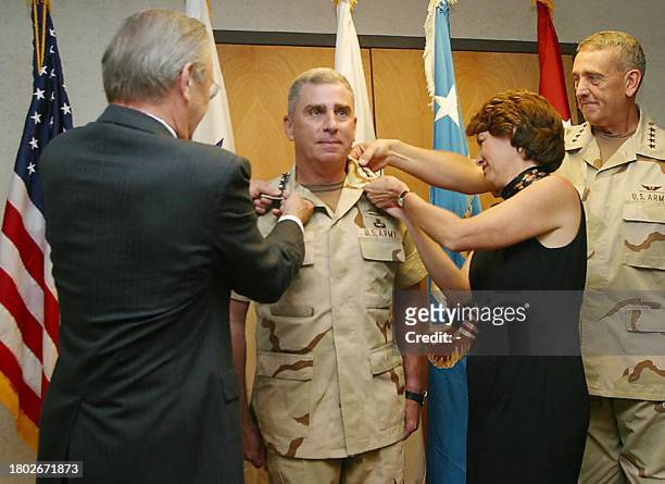 Receiving his forth star General John P. Abizaid, of Lebanese origins, is pinned by the Honorable Donald Rumsfeld, Secretary of Defense and his wife...