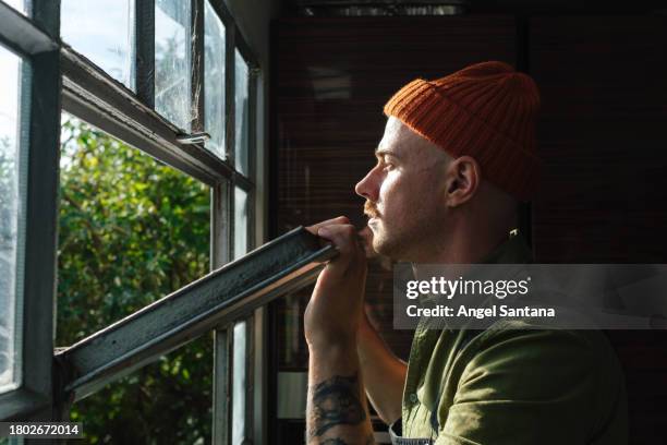 young man looking outside glass in metropolitan dwelling - nachbar stock-fotos und bilder