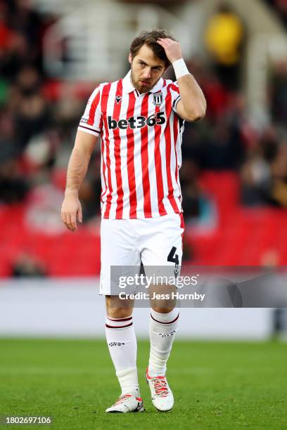 Ben Pearson of Stoke City reacts during the Sky Bet Championship match between Stoke City and Blackburn Rovers at Bet365 Stadium on November 25, 2023...