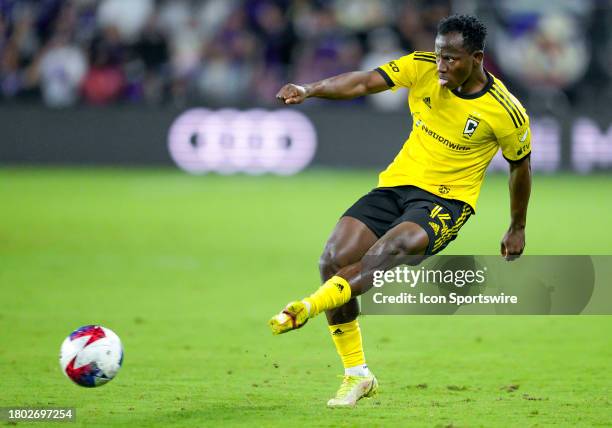 Columbus Crew midfielder Yaw Yeboah shoots the ball during the MLS soccer Eastern Conference Semifinal match between the Orlando City SC and Columbus...