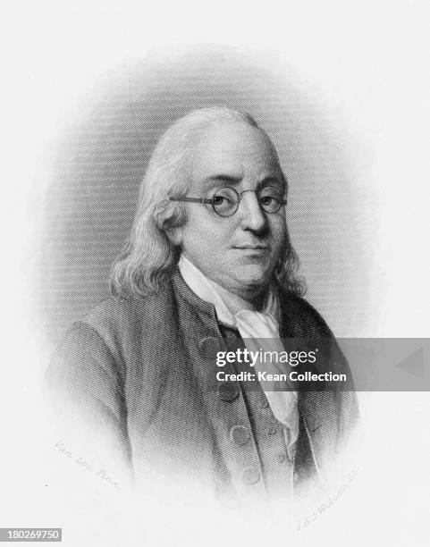 American politician and polymath Benjamin Franklin , one of the Founding Fathers of the United States, circa 1760 Engraved by J. A. J. Wilcox after a...