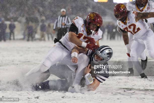 Iowa State Cyclones defensive back Beau Freyler tackles Kansas State Wildcats quarterback Will Howard short of the end zone in the first quarter of a...