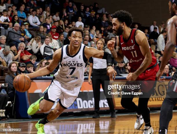 November 25: Wendell Moore Jr. #7 of the Iowa Wolves drives to the basket against the Sioux Falls Skyforce during their game at the Sanford Pentagon...