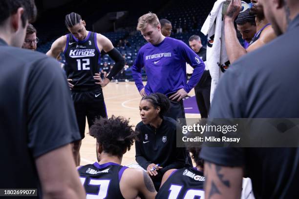 Head Coach, Lindsey Harding, of the Stockton Kings talks to the team during a timeout against the Ontario Clippers during the G-League game on...