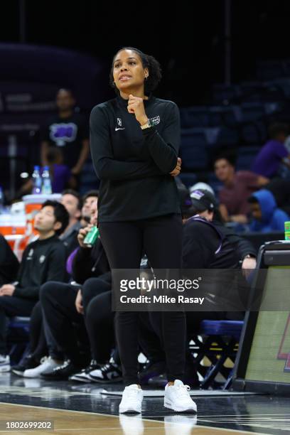 Head Coach, Lindsey Harding, of the Stockton Kings looks on against the Ontario Clippers during the G-League game on November 25, 2023 at Stockton...
