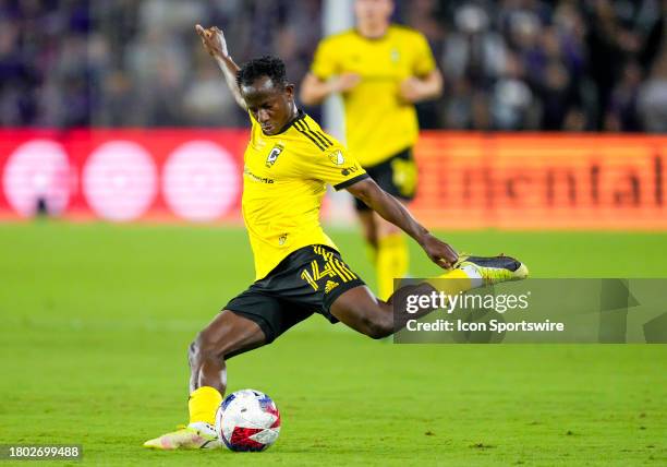 Columbus Crew midfielder Yaw Yeboah shoots the ball during the MLS soccer Eastern Conference Semifinal match between the Orlando City SC and Columbus...