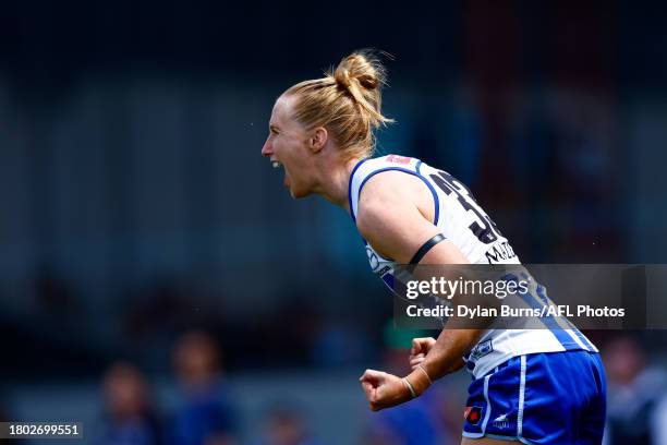 Kate Shierlaw of the Kangaroos celebrates a goal during the 2023 AFLW Second Preliminary Final match between The North Melbourne Tasmanian Kangaroos...