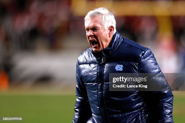 Head coach Mack Brown of the North Carolina Tar Heels reacts following a call during the second half of the game against the NC State Wolfpack at...