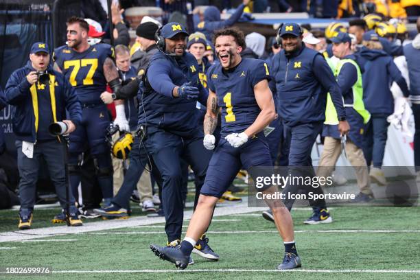 Michigan Wolverines wide receiver Roman Wilson celebrates after his touchdown catch was reviewed and confirmed during a regular season Big Ten...