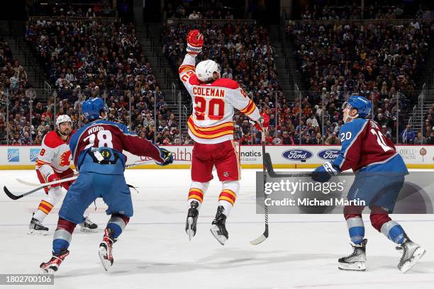 Blake Coleman of the Calgary Flames jumps during the second period against the Colorado Avalanche at Ball Arena on November 25, 2023 in Denver,...