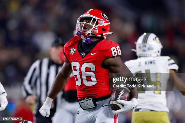 Dillon Bell of the Georgia Bulldogs reacts during the third quarter against the Georgia Tech Yellow Jackets at Bobby Dodd Stadium on November 25,...